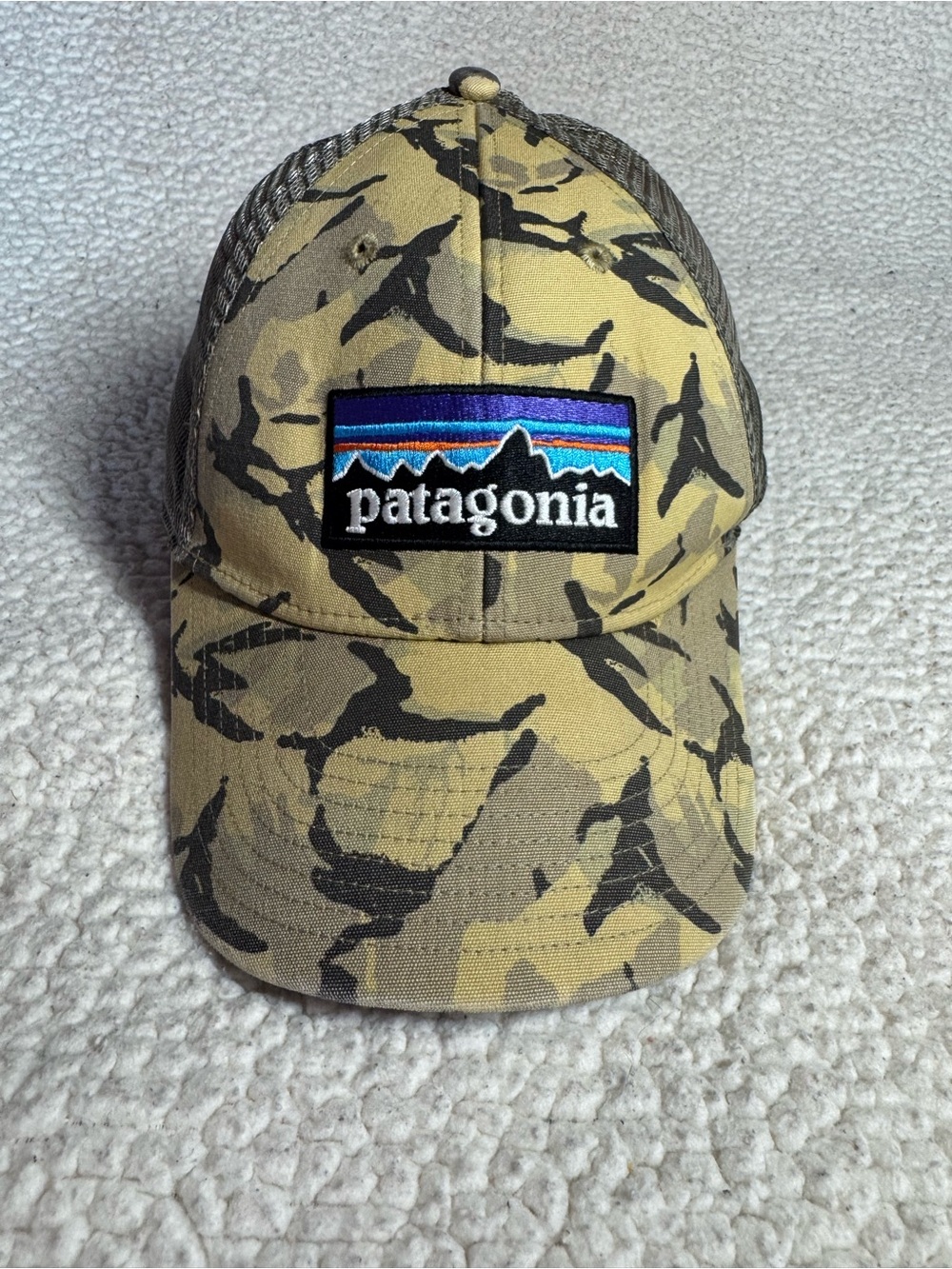 Patagonia Camouflage Trucker Cap in Tan and Black with Logo Patch